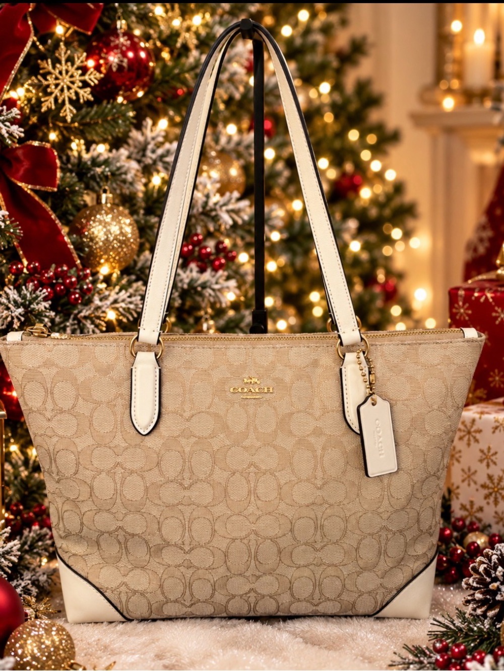 Coach Beige Signature Canvas Tote with Cream Leather Trim NWT